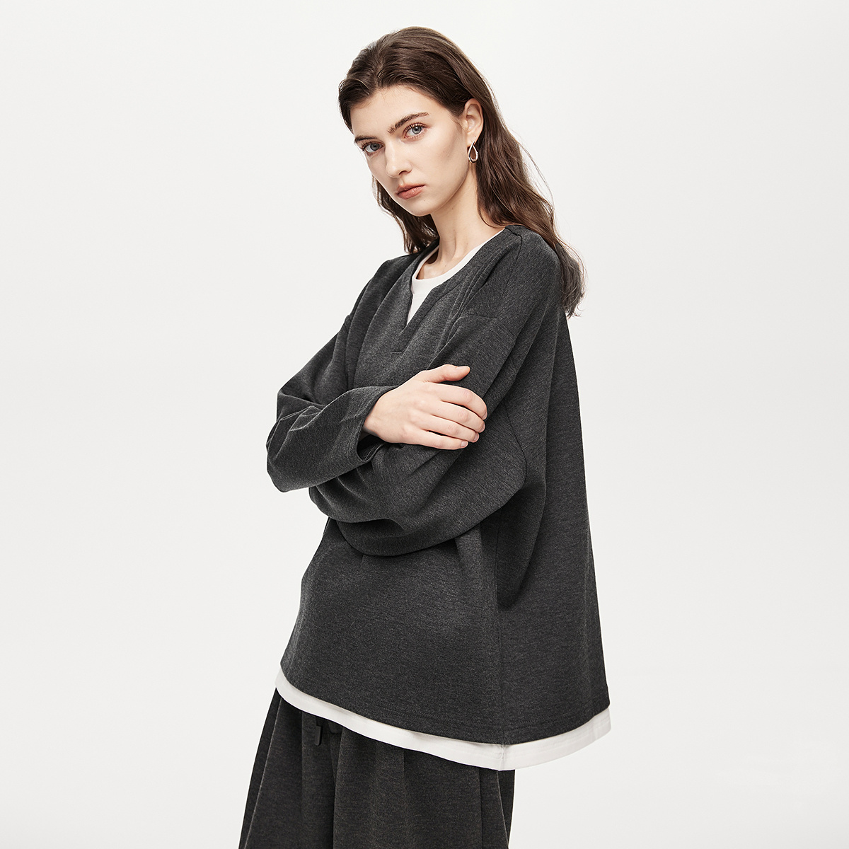 初棉【桑蚕丝卫衣】含羊毛桑蚕丝假两件卫衣长袖宽松弹力366608006