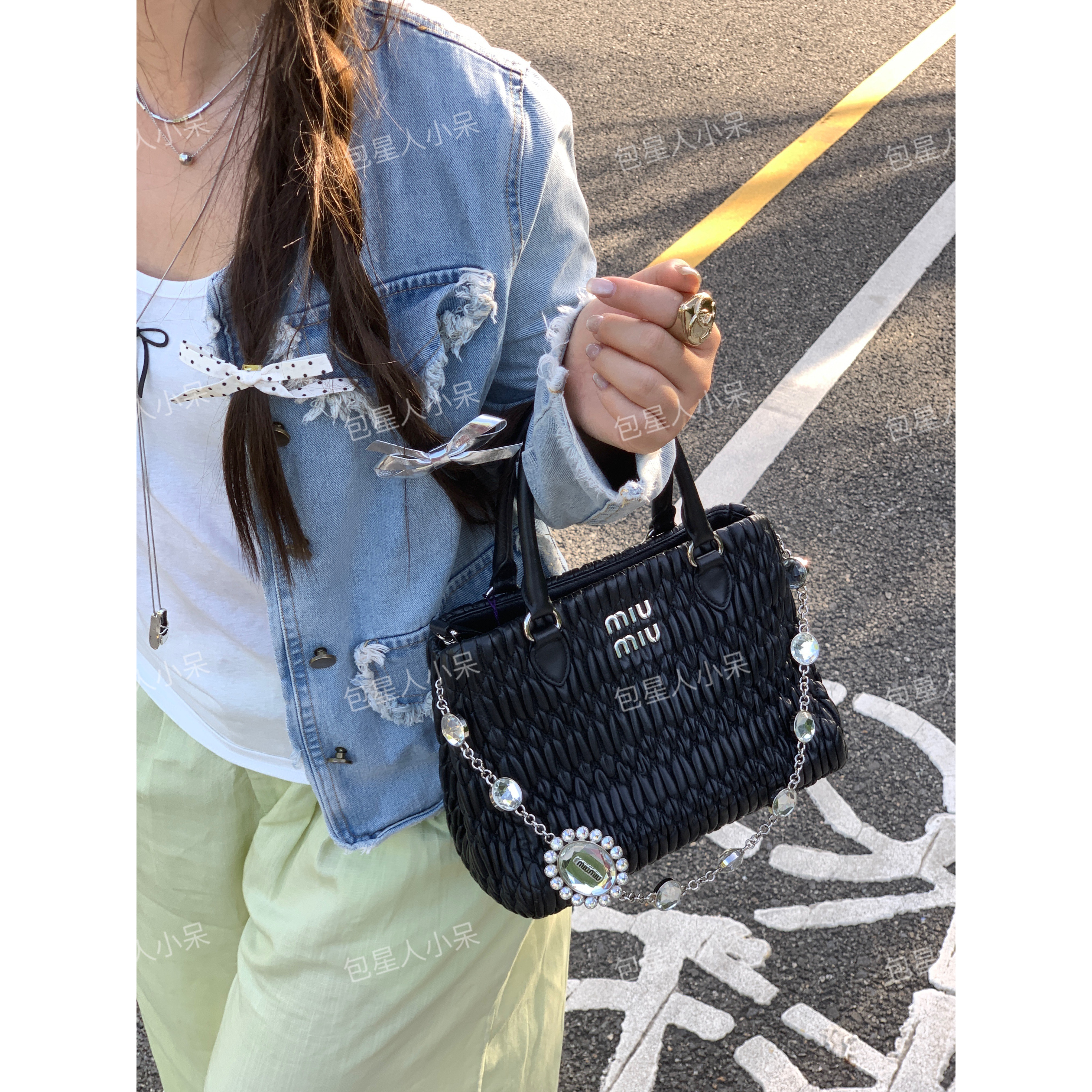 95新 MIU MIU/缪缪 小号黑银钻链菜篮子手提斜挎包｜95新