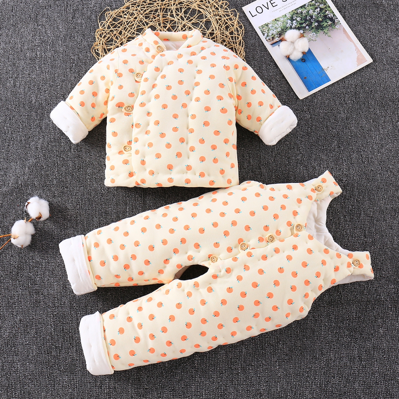 童装纯棉手工棉花加厚棉衣男女童棉袄棉裤宝宝露脚连体套装棉服冬