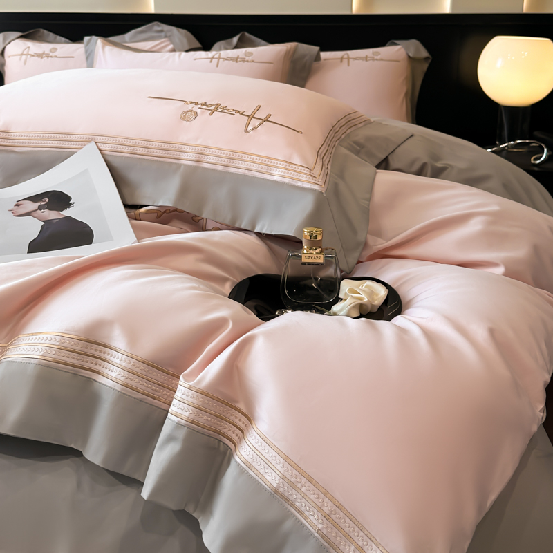 富安娜轻奢简约四件套亲肤裸睡床单刺绣四件套被套床笠款床上用品