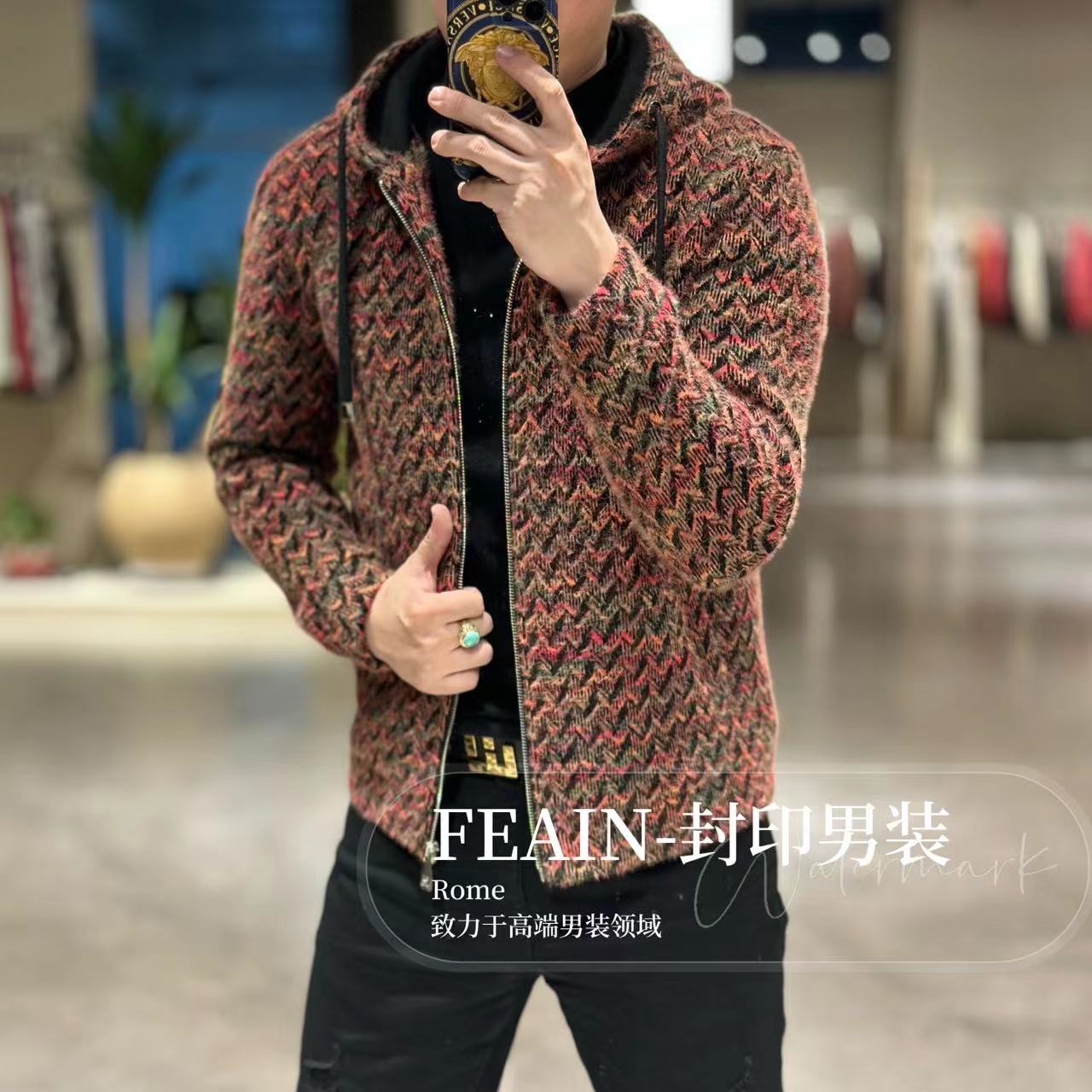 【雪尼尔飞织】高端定制雪尼尔绒花纱飞织连帽拉链夹克8508