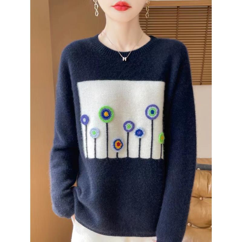 【100纯羊毛】七针加厚圆领笑话刺绣钩花100纯羊毛上衣NJR933