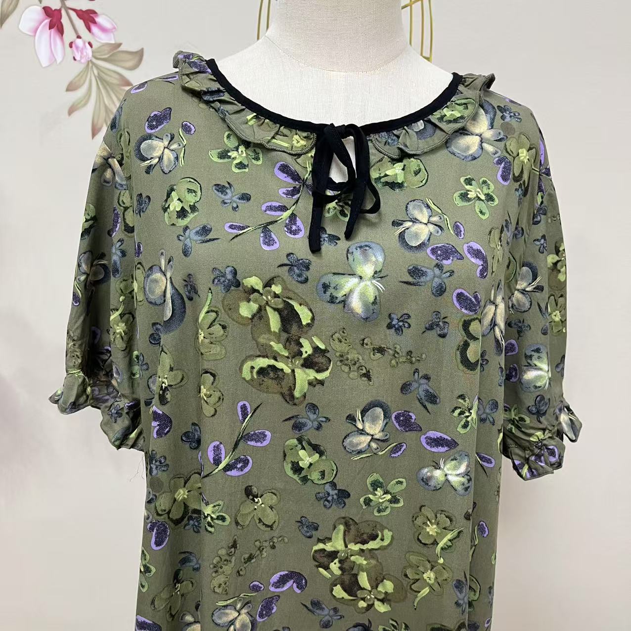 【绒兰】莱赛尔天丝棉绸人造棉花边家居 睡裙 246 蝴蝶花-绿