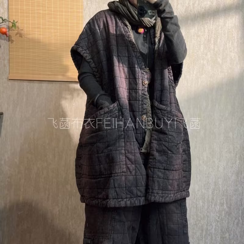 复古砂洗炒色加棉格子宽松马甲（长82胸围160）