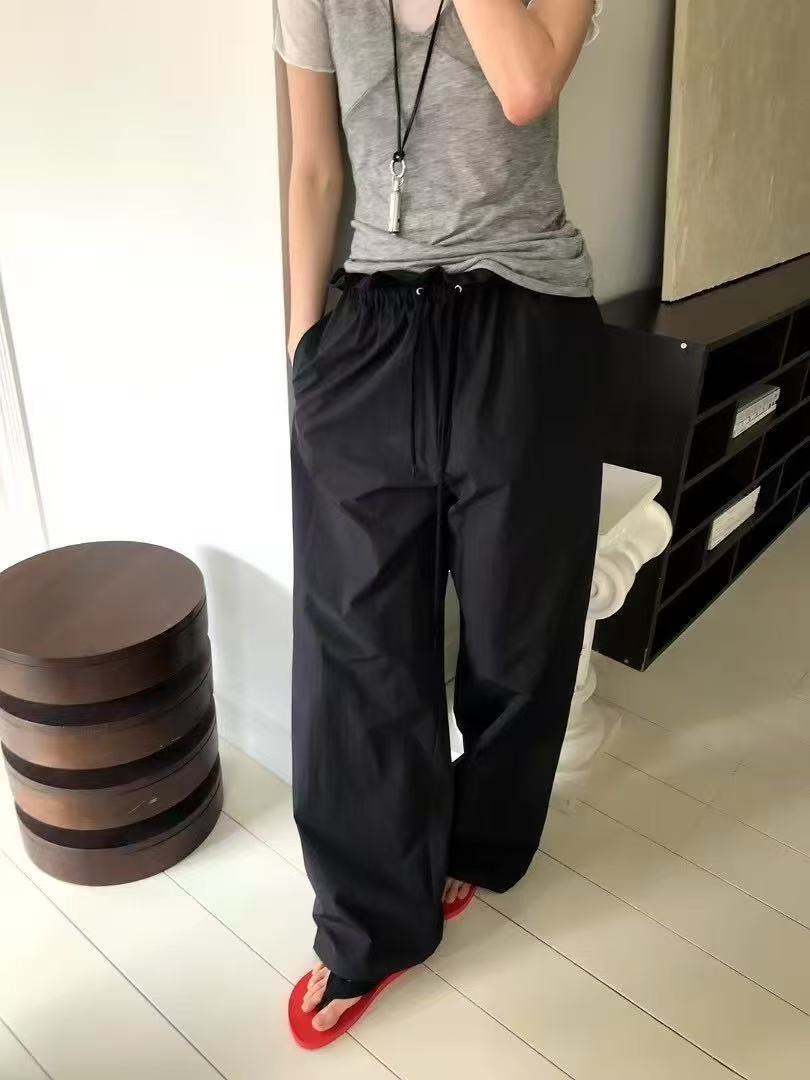 现we are女2025韩国东大门代购夏款褶皱抽绳松紧腰宽松阔腿休闲裤