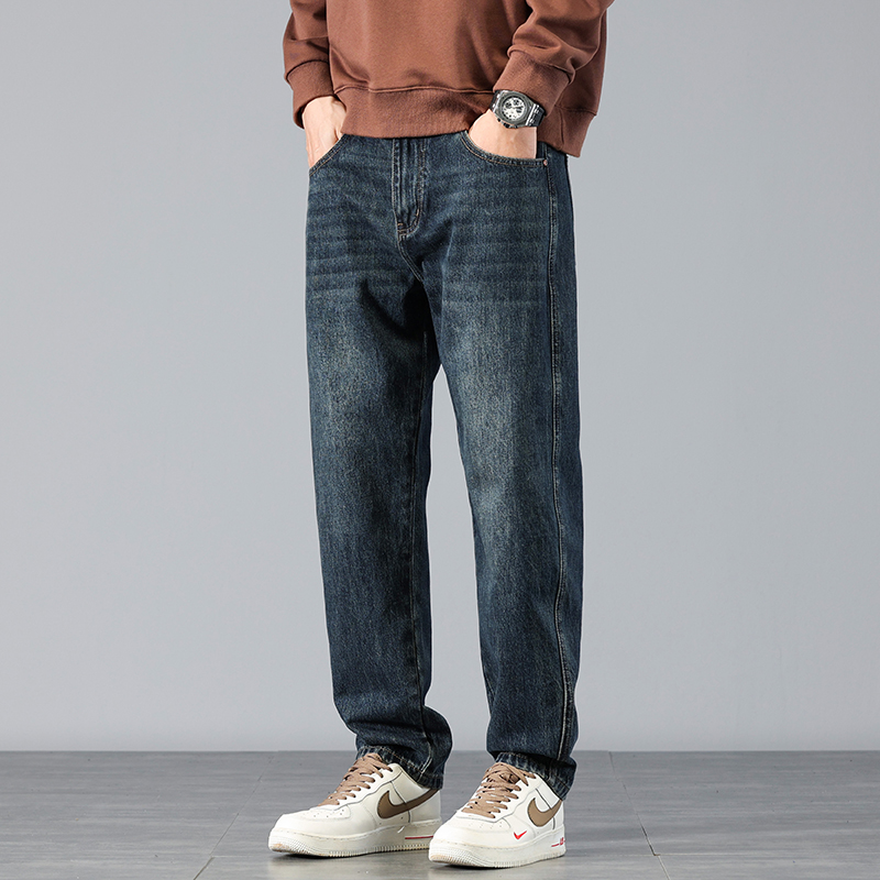 早秋新款美式复古潮牌宽松直筒裤垂感男士牛仔裤休闲百搭九分长裤