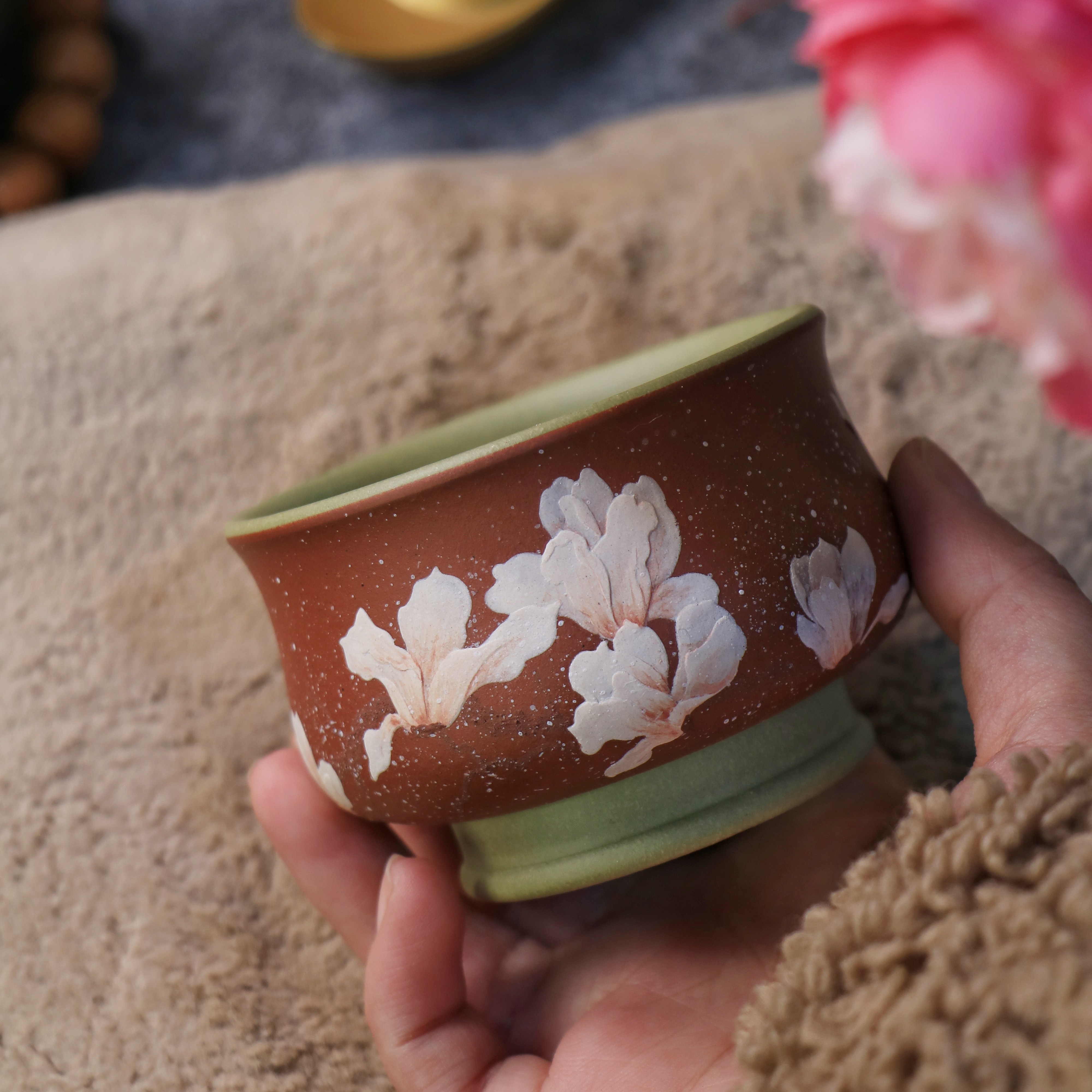 紫砂原矿手工玉兰花红泥立体凹凸感仙送礼自用女士喝茶泡茶130cc