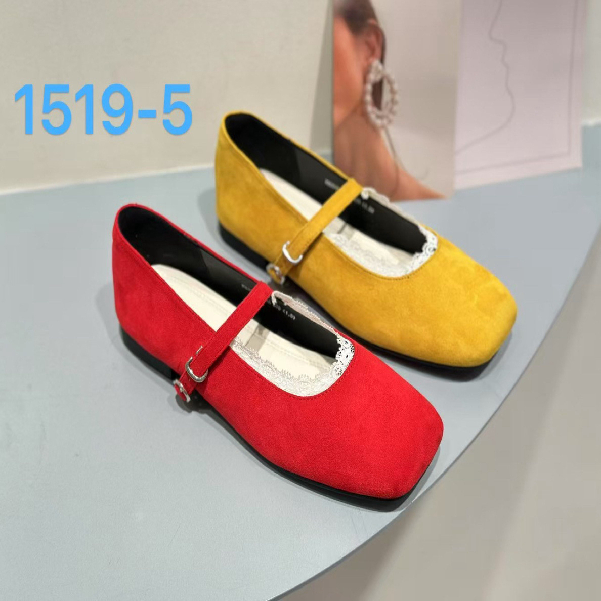 1519-5复古方头平底玛丽珍鞋女新款一字扣带蕾丝单鞋配裙奶奶鞋