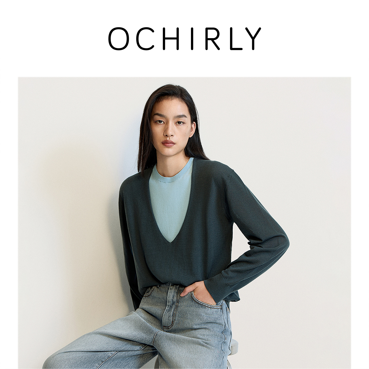 OCHIRLY欧时力 澳大利亚毛针织衫V领毛衣女慵懒松弛2025夏季新品