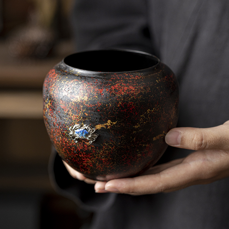 红金铁锈彩漆建水云长茶洗中式茶渣桶水缸泡茶台配件功夫茶具水洗