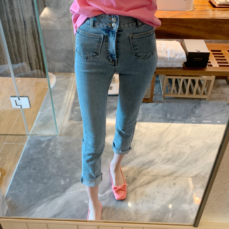 ◆张静芝 特别款前小口袋蓝色小脚显瘦夏季薄牛仔裤女