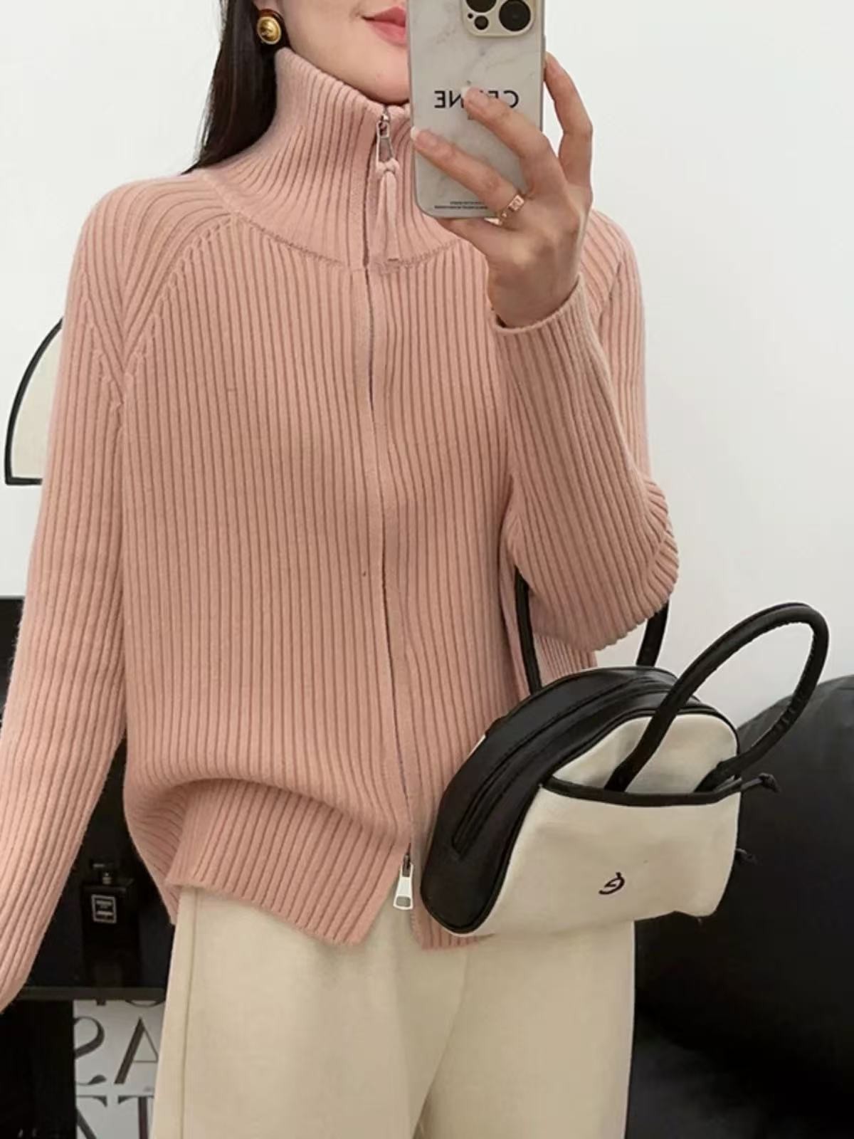 1059【粉  双拉链】高级感气质针织女毛衣