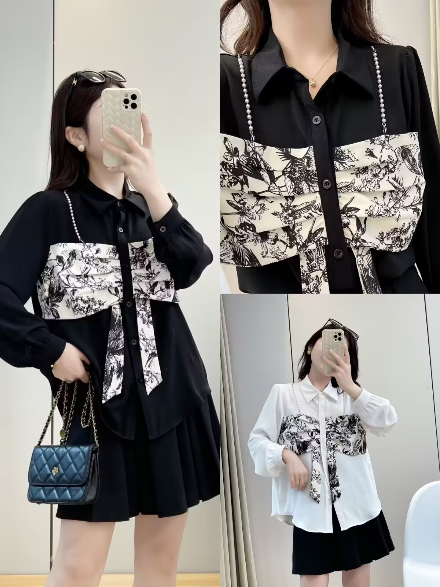 法歌澜秋款大码时尚女装长袖翻领印花珠链小衫拼接设计感显瘦上衣