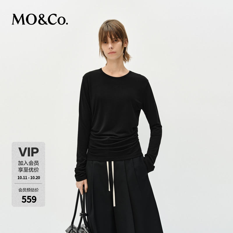 MOCO长袖T恤2025春新品天丝绵羊毛捏褶收腰修身打底白MBE1TEET09