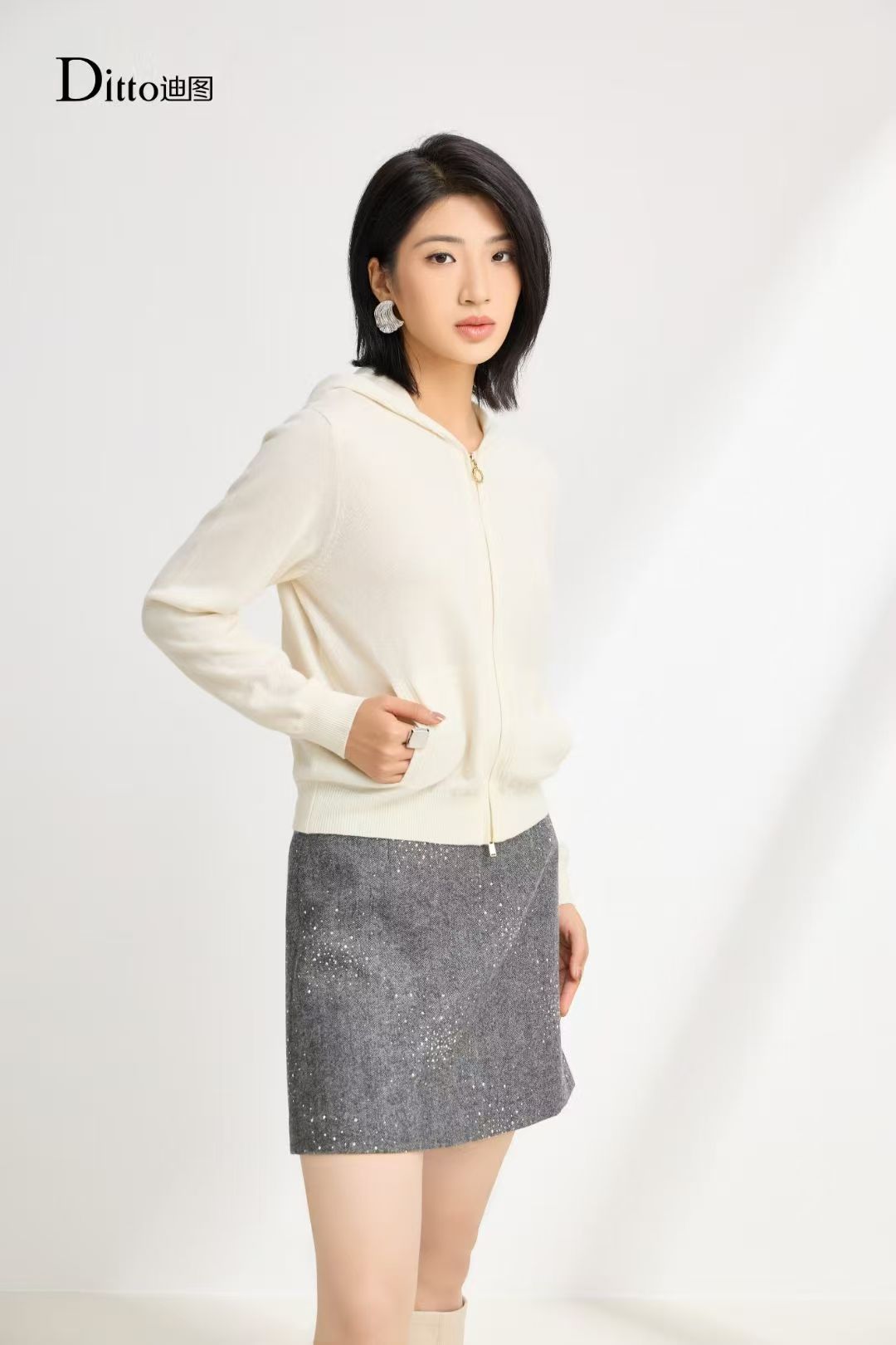 Ditto/迪图DWDW671连帽纯色休闲羊毛开衫