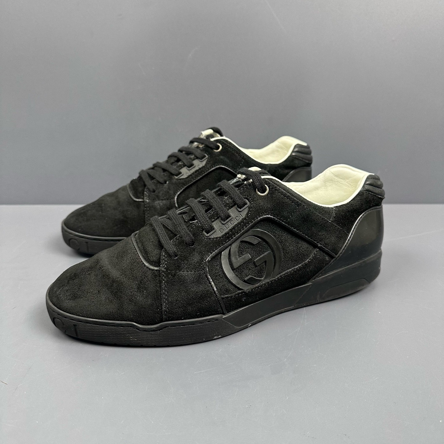 95新 GUCCI/古驰 41.5码 古驰双g黑色板鞋 休闲鞋 鞋底磨损