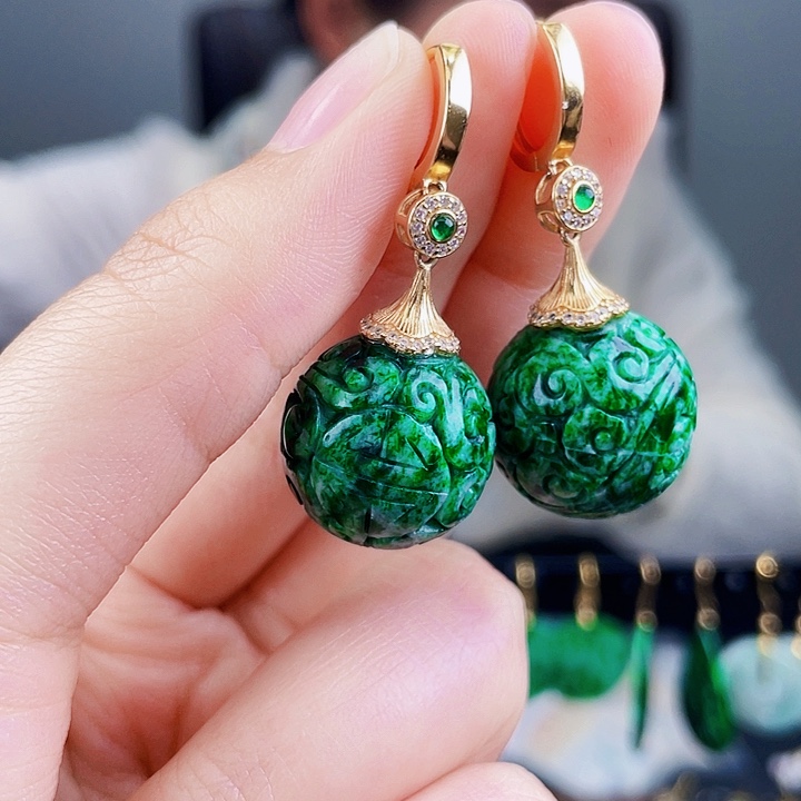 翡翠耳饰银S925镶嵌饰品