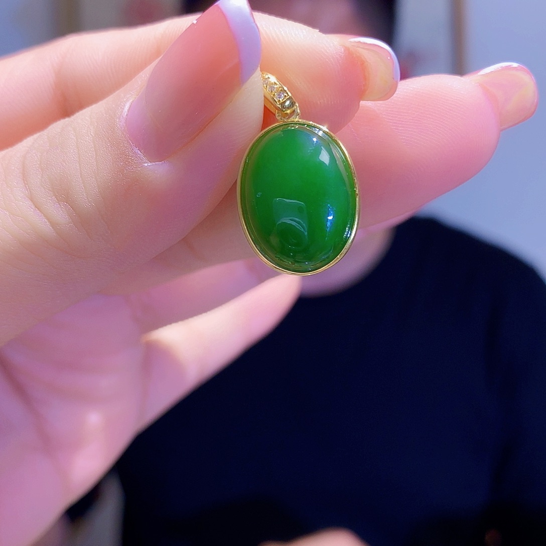 和田玉（碧玉）颈饰银S925镀金镶嵌