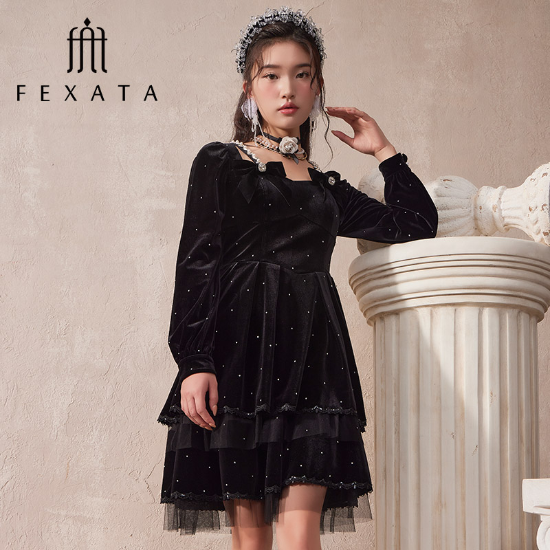 【达人专属】FEXATA斐格思连衣裙蝴蝶结礼服丝绒小黑裙F24T1305
