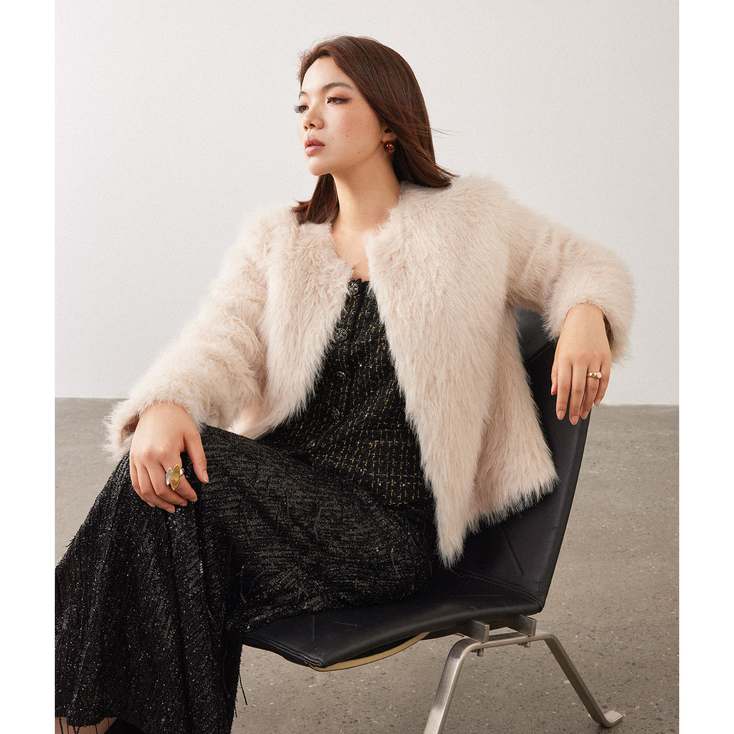 PLUSMALL 夜色香颂 奢感小香风吊带+亮片流苏鱼尾半裙PLUS2510104