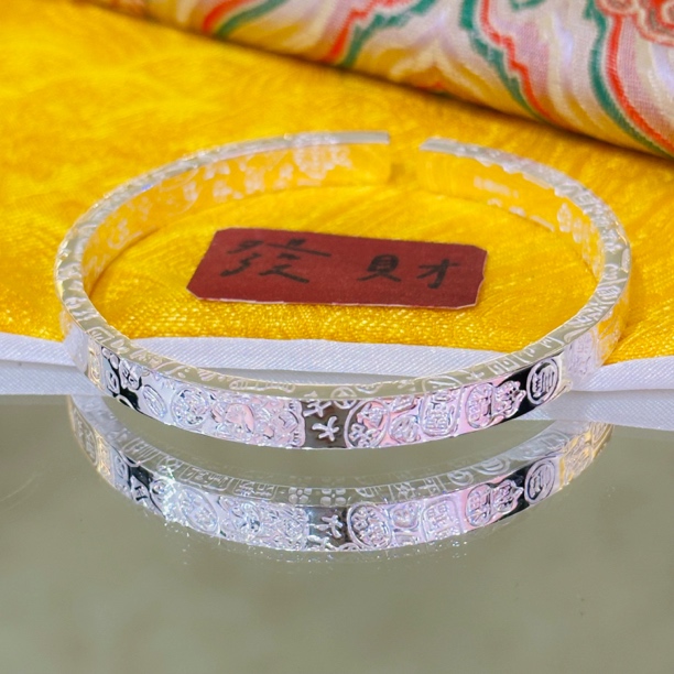 足银手镯 足银9999四方吉言手工实心手镯镯子新中式首饰可调节