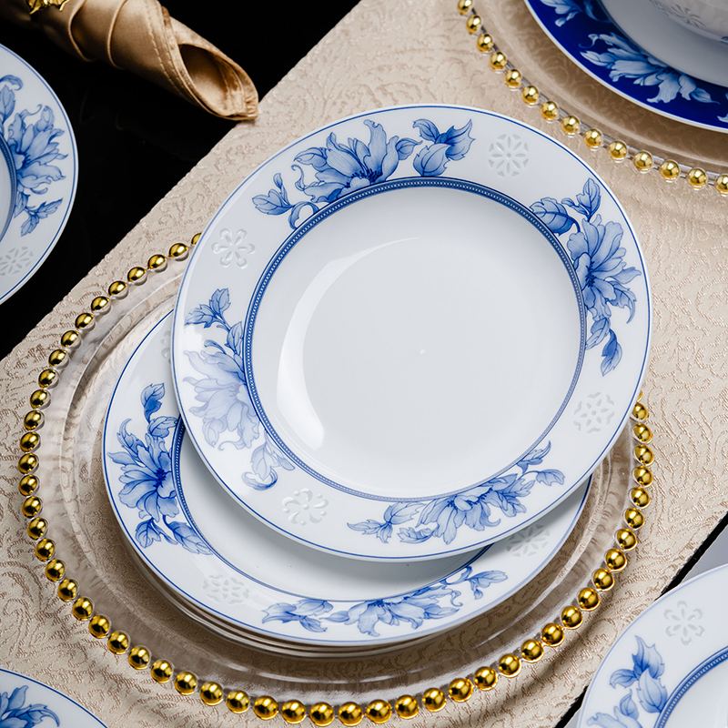 富玉【清水芙蓉】8寸深盘高温釉中彩玲珑瓷景德镇陶瓷家用简约中式