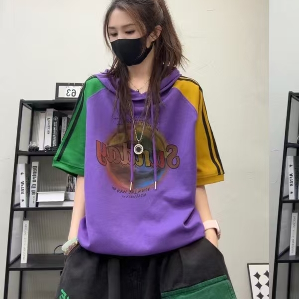 6569新款宽松休闲百搭撞色连帽T恤