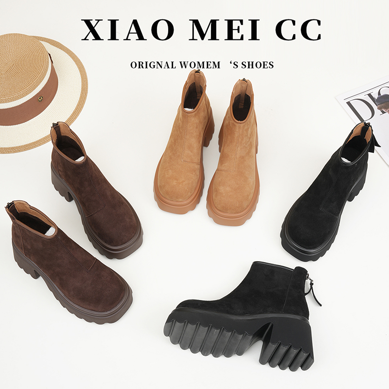 蕊风爆款厚底增高显瘦马丁靴女2025冬季新款超火时尚粗跟加绒短靴