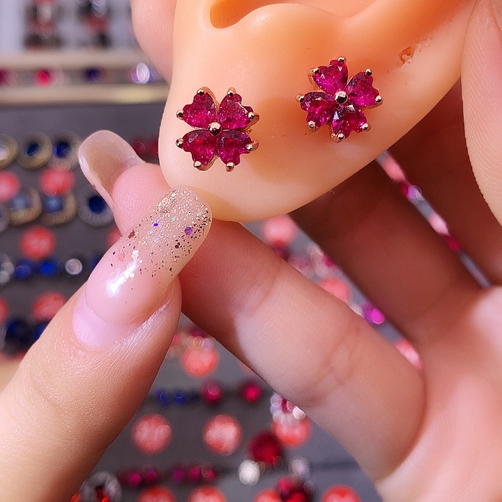 红宝石耳饰银S925镶嵌