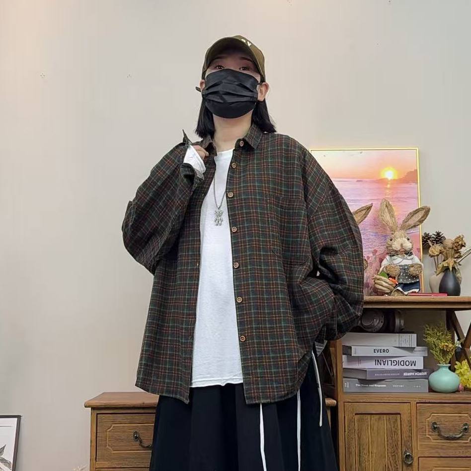 日系大版宽松休闲色织格子衬衫女宽松休闲百搭显瘦衬衫外套女上衣