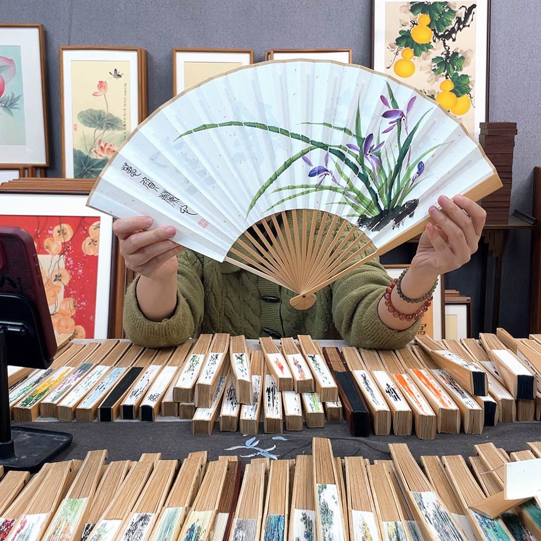 国画95寸玉竹-纯手绘-文玩扇骨（默认粘好）