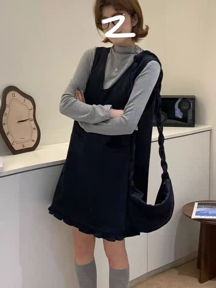 【送包包】秋打底衫+温柔氛围感木耳边背心连衣裙套装带包包三件套