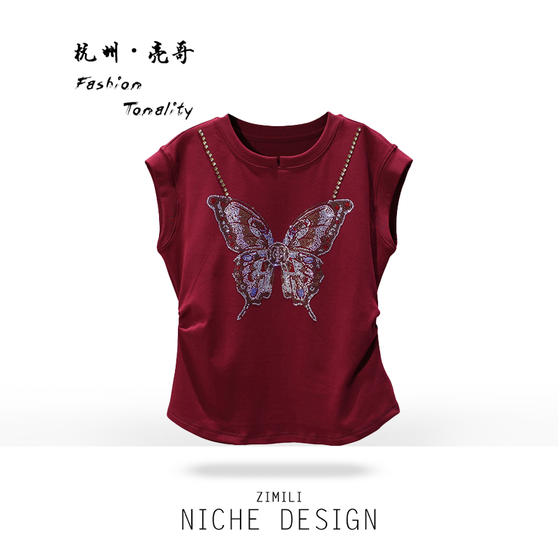 【亮哥女装】2025欧版小众设计师安可拉红蝴蝶烫钻休闲短袖9663-C1