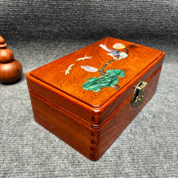 缅甸花梨手工镶嵌工艺喜事连连24.5荷塘月色螺钿花梨木收纳收纳盒