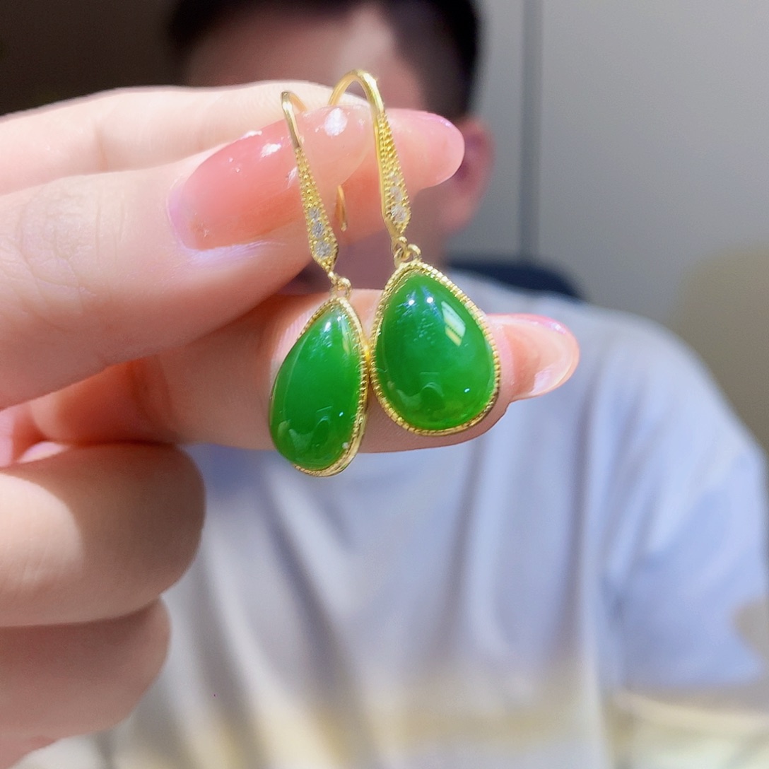 银S925镀金镶嵌和田玉（碧玉）耳饰