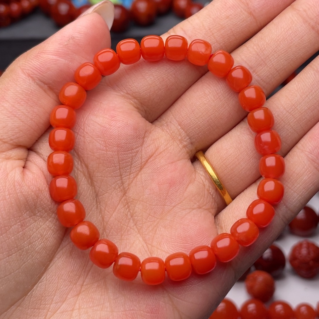 南红玛瑙未镶嵌手链Y6.8mm杨柳柿子红老型手串