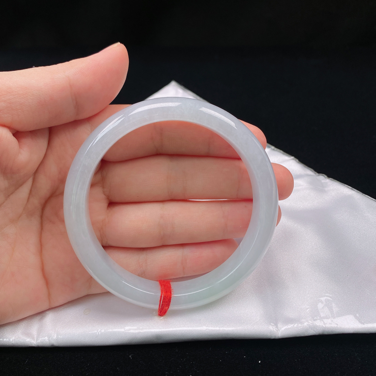 59圈口缅甸翡翠A货老坑老料糯冰冰白底浅绿正圈玉镯子正品珠宝