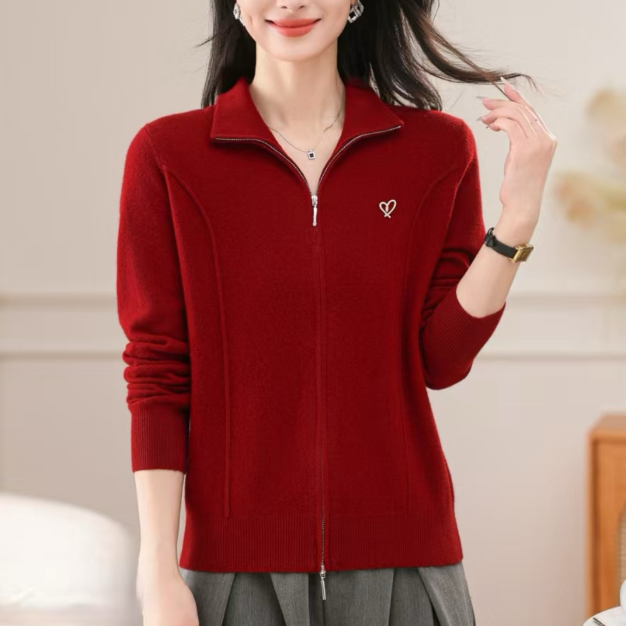 【纬尔飞】休闲版型翻领拉链大版舒适100%羊毛开衫针织毛衣外套女女