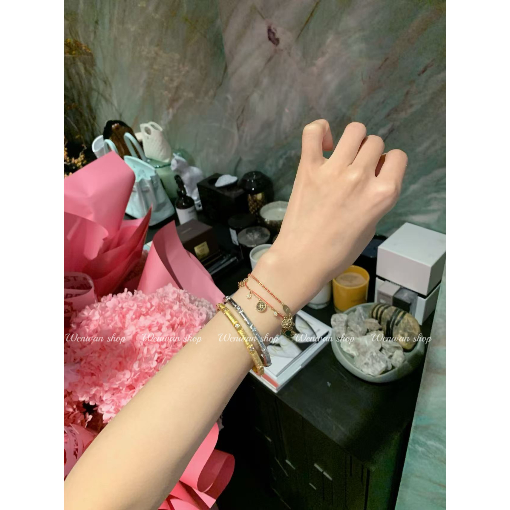 铜合金手镯 304-NO退NO换【布挈风手镯】2色！拉丝太阳花排钻手镯