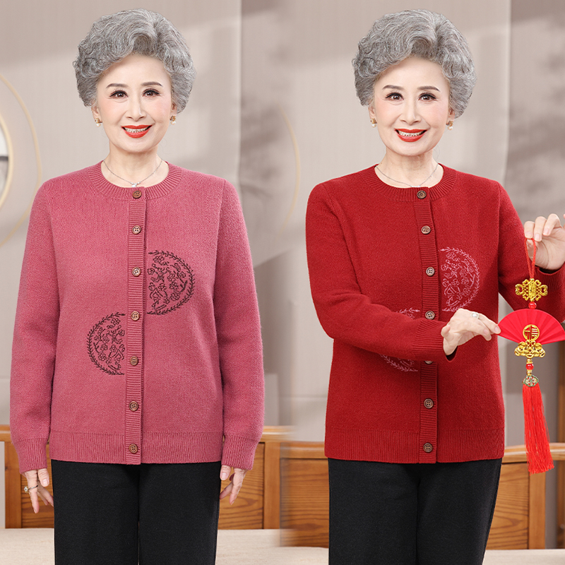 中老年奶奶秋冬加绒毛衣休闲针织打底衫冬季妈妈圆领宽松长袖女装