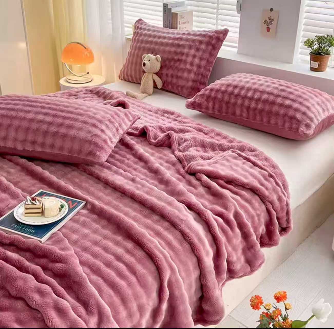 【殷总】毛绒粉色通用秋冬季简约舒适保暖合格品宽边款双面款毛毯