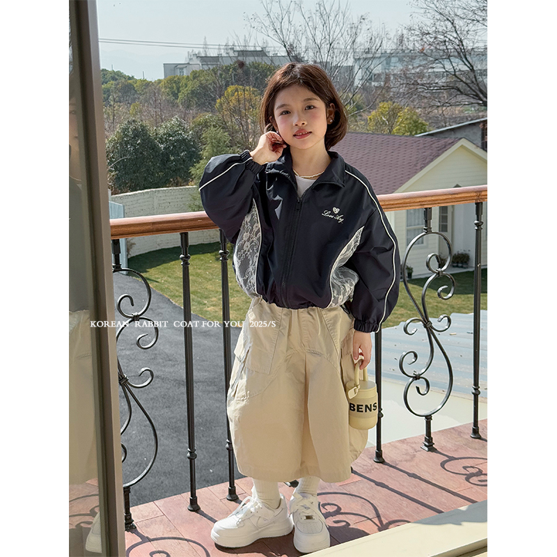 咸蛋小虾米童装2025年春装新款韩国女童藏青色蕾丝棒球衣休闲外套