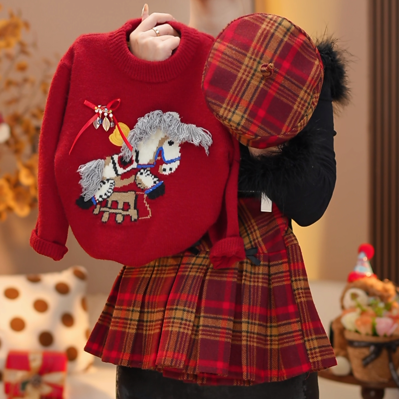 米小逗YT女童2025冬加厚毛衣洋气休闲百搭格子裤外套女宝套装m274
