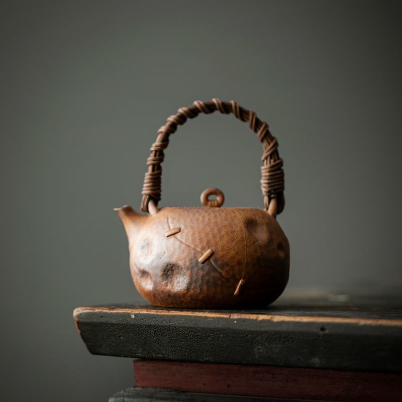 原矿粗陶藤编提梁壶复古中式黄陶磨砂茶壶功夫茶具家用泡茶壶单壶