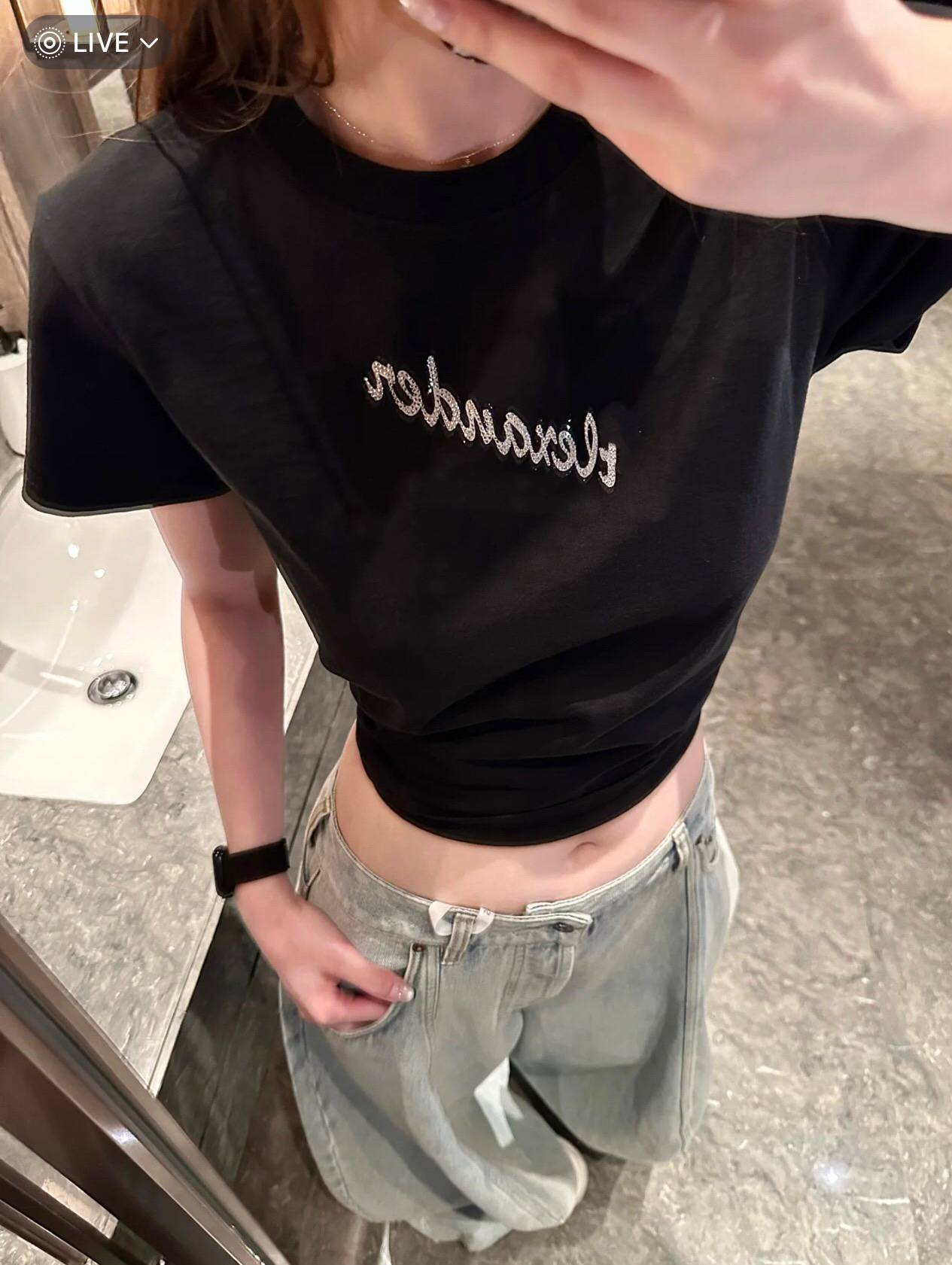 A字母logo印花烫钻正肩T恤