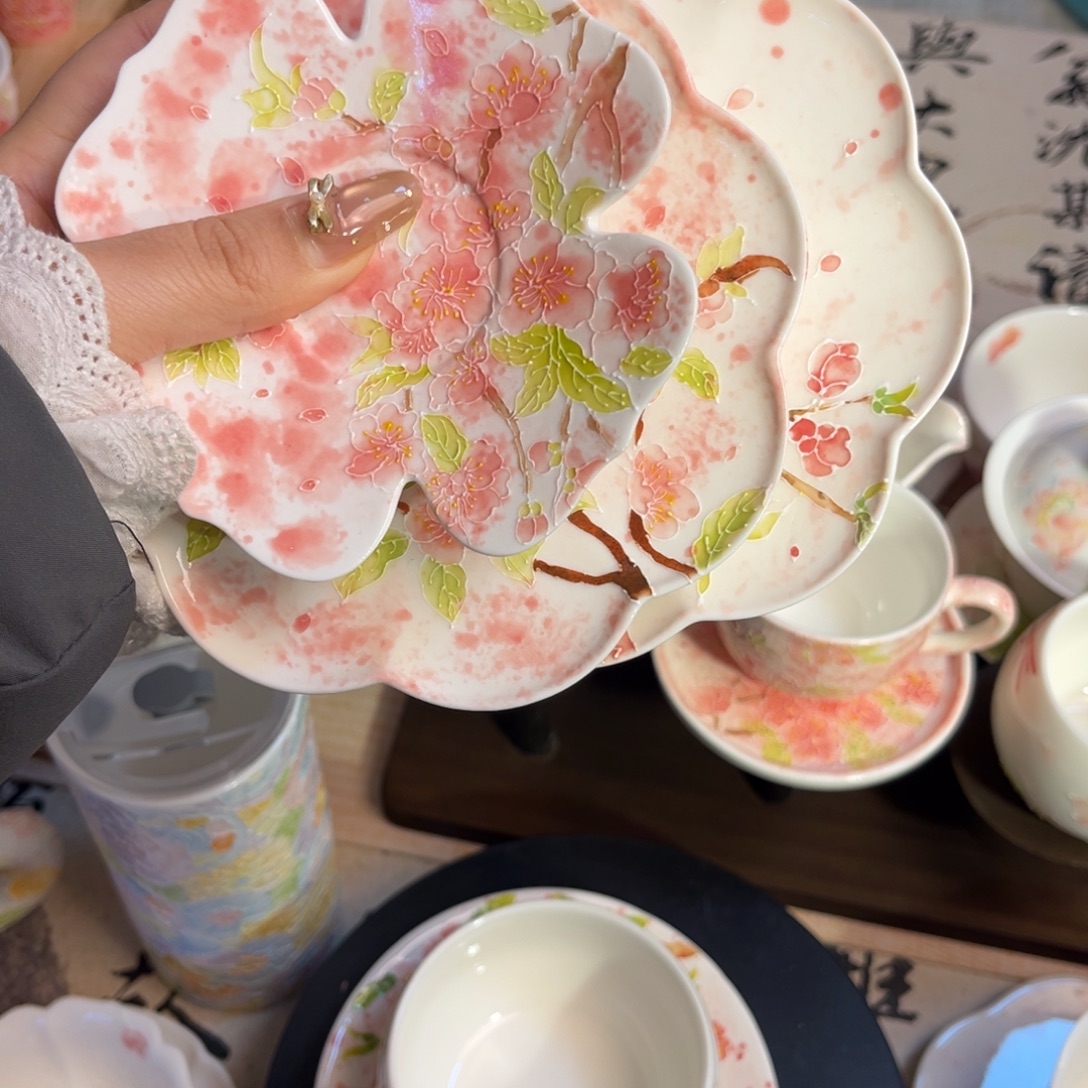 陶瓷手柄款桃花碟三件套