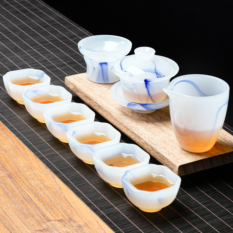 飘蓝四方套装冰种琉璃茶具套装家用简约防烫盖碗茶杯带过滤整套泡