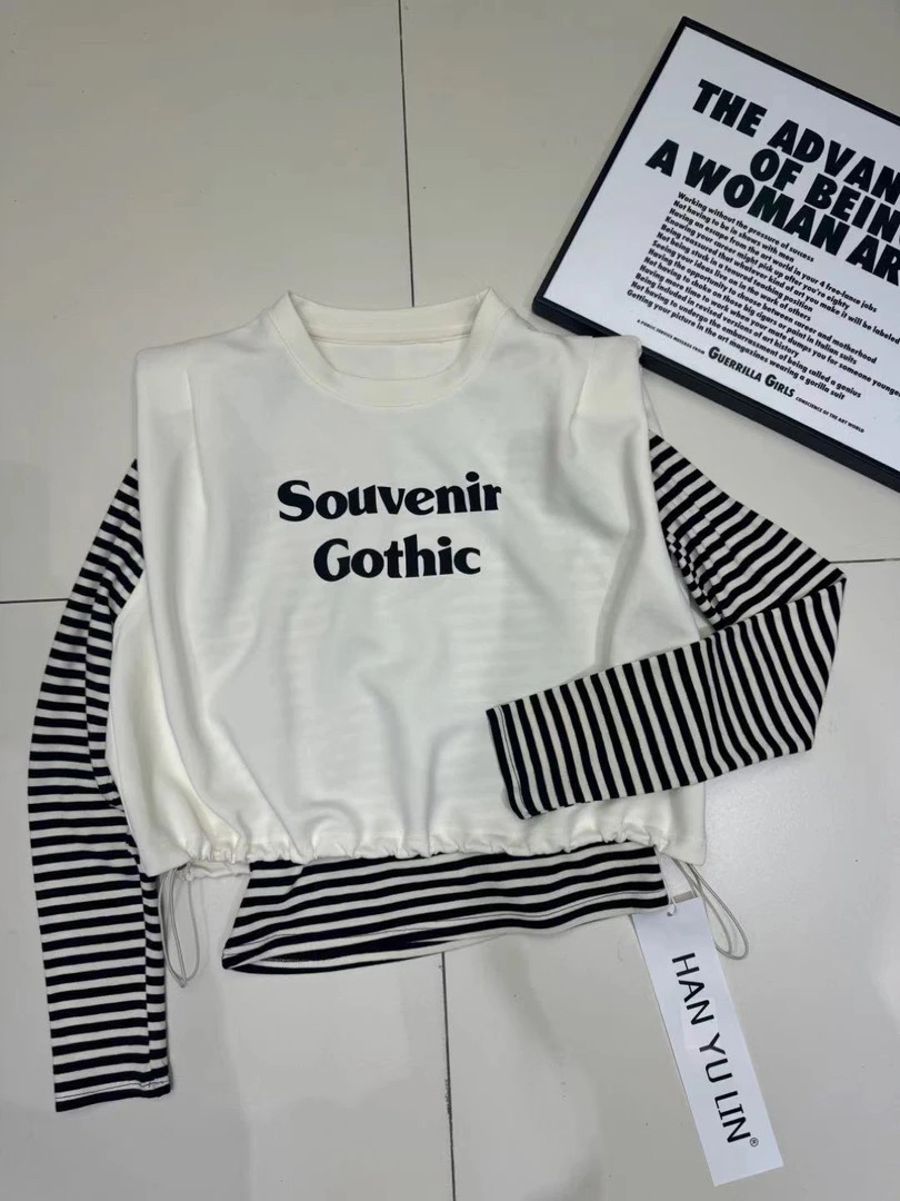 冬季新款设计感小众条纹长袖t恤+无袖坎肩卫衣8016