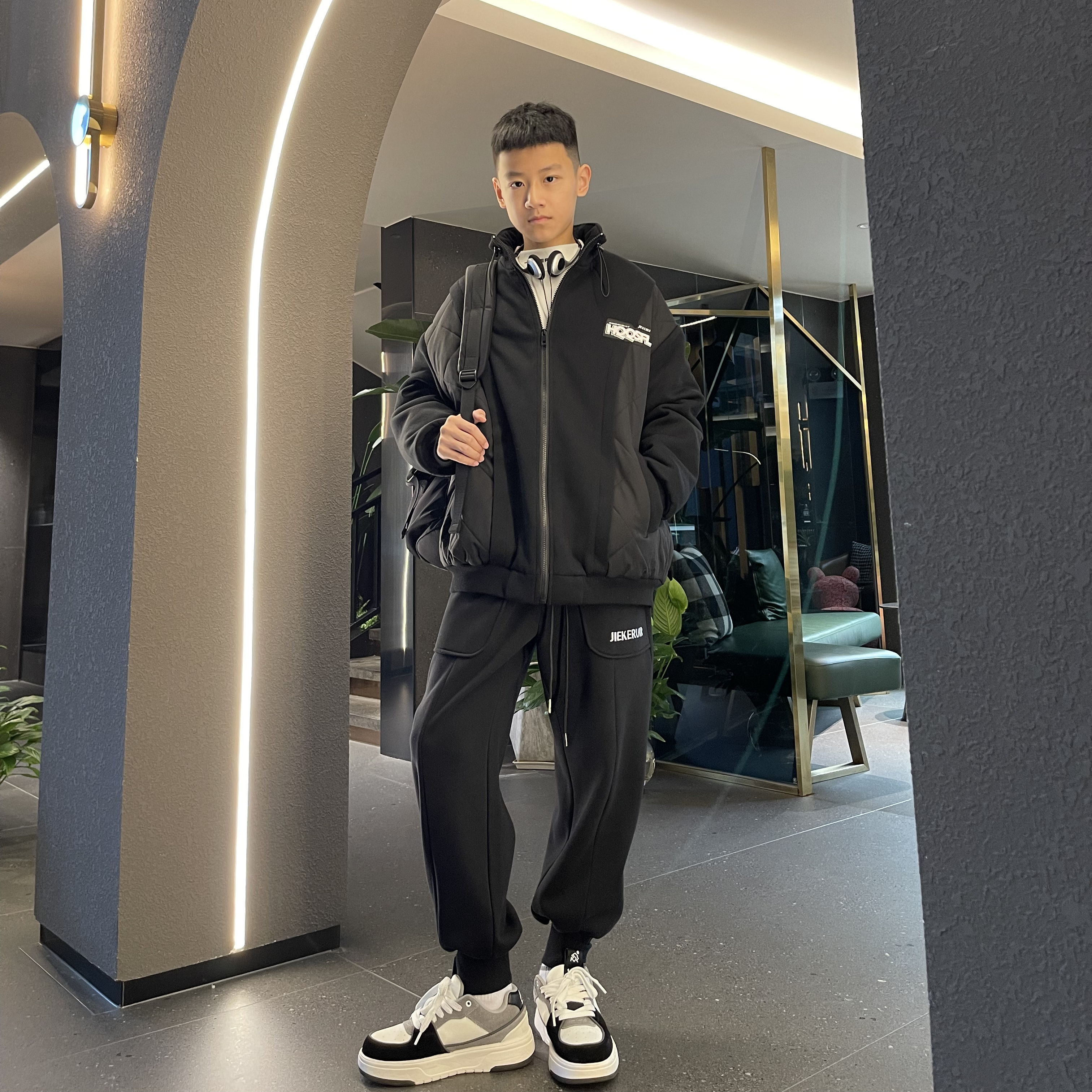 3024【睿】冬季美式拼接抽绳加厚夹棉外套中大童休闲棉服上衣潮