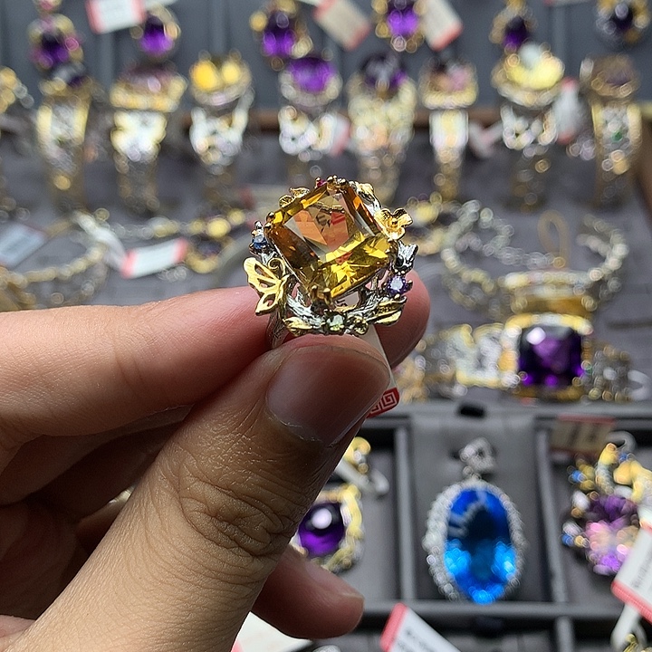 银S925镀金镶嵌戒指水晶